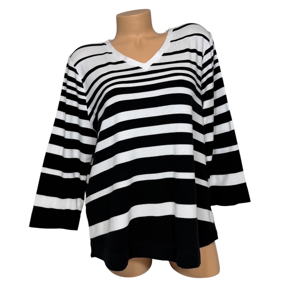 Chico's Women's Black White Striped V-Neck 100% Pima Cotton Top Size 3 XL